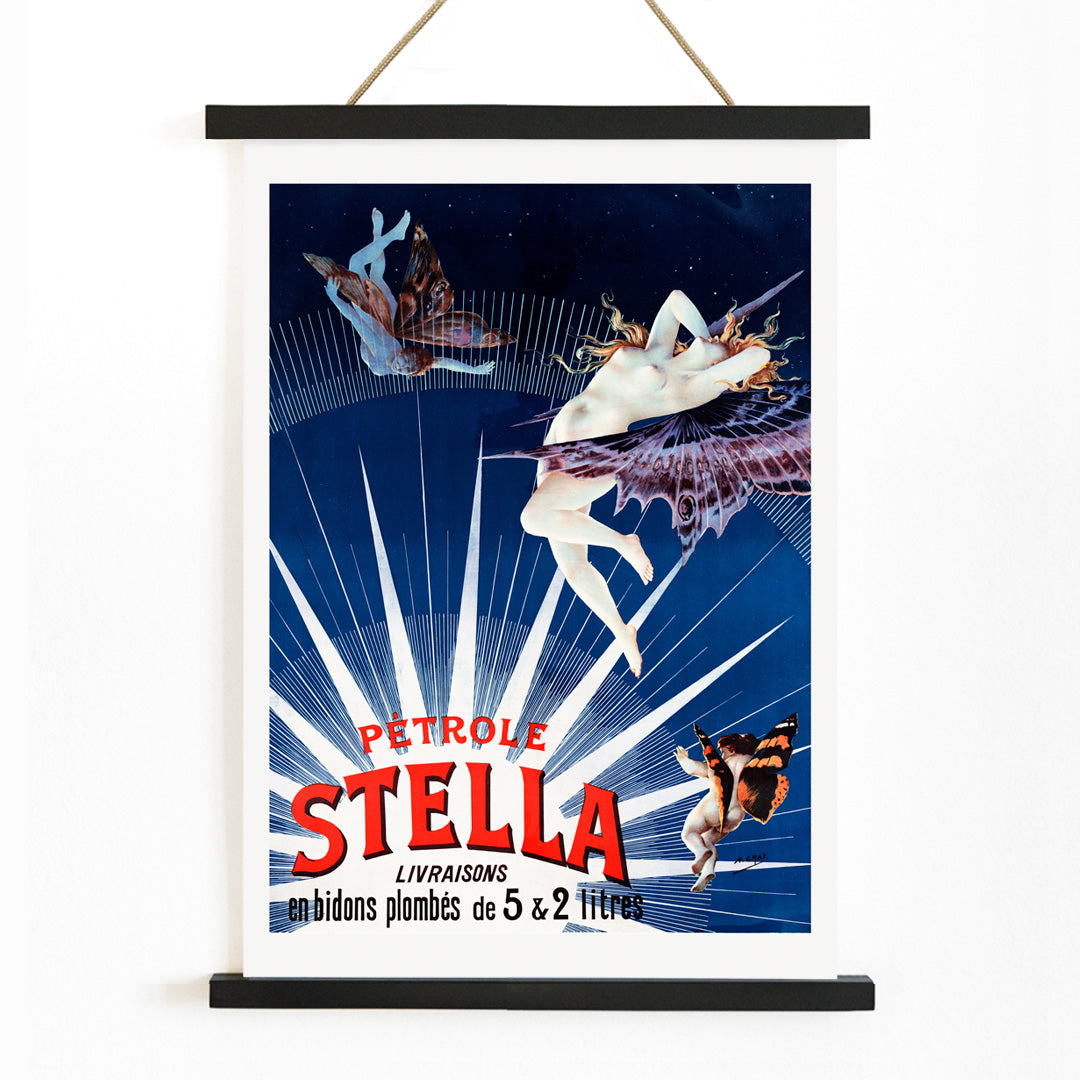 Art nouveau posters by Henri Boulanger Pétrole Stella featuring a glowing female figure with butterfly wings and a nude figure merging with butterflies against a starry sky for home decor, with wooden magnetic frame on white background