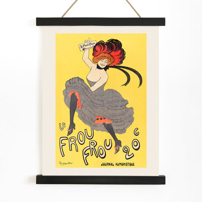 Colorful cancan dancer illustration and poster for Le Frou Frou by Leonetto Cappiello featuring a woman in a flamboyant dress against a bright yellow background, with wooden magnetic frame on white background