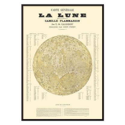Carte Général de la Lune poster detailed lunar map by Camille Flammarion C M Gaudibert and Léon Fenet, with black aluminium frame on white background