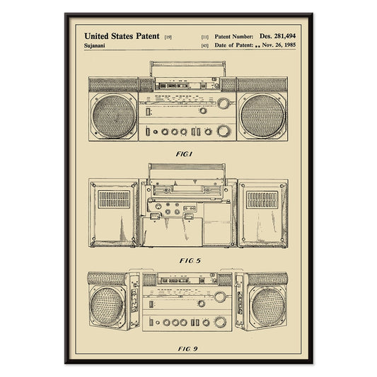 Portable combined cassette player technical drawing and poster illustrations by Sujanani United States Patent detailed technical drawings, with black aluminium frame on white background