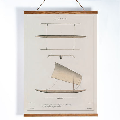 J. Tastu Celebes Canoe poster with minimalist canoe plan and side view in soft beige tones, with wooden magnetic frame on white background