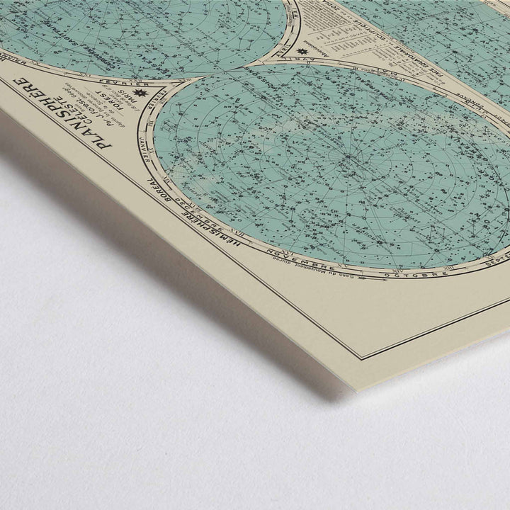 Closeup detail of Joseph Forest Celestial planisphere poster with twin star hemispheres, constellation markings, and vintage teal scientific map