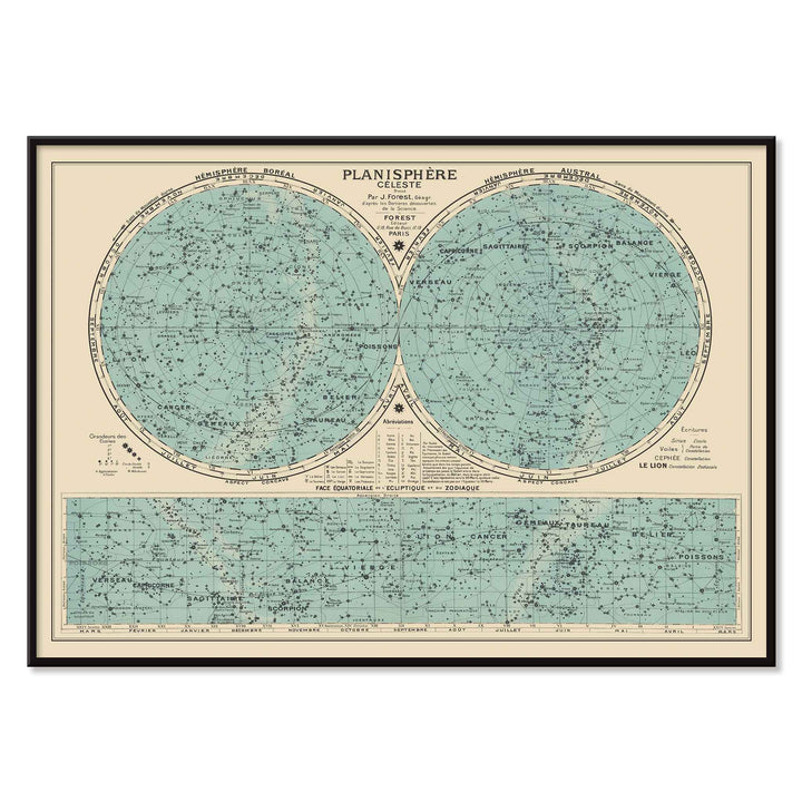 Joseph Forest Celestial planisphere poster with twin star hemispheres, constellation markings, and vintage teal scientific map, with black aluminium frame on white background