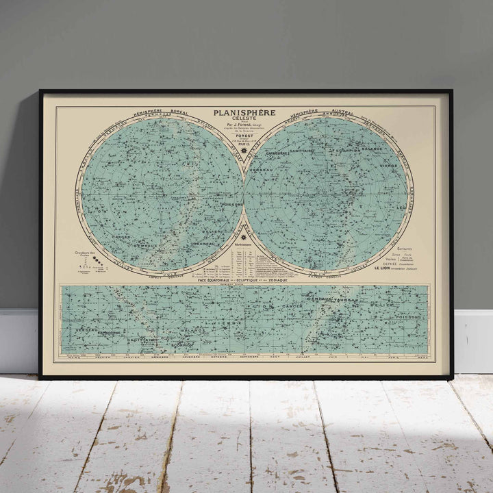 Joseph Forest Celestial planisphere poster with twin star hemispheres, constellation markings, and vintage teal scientific map, with wooden magnetic frame on white background