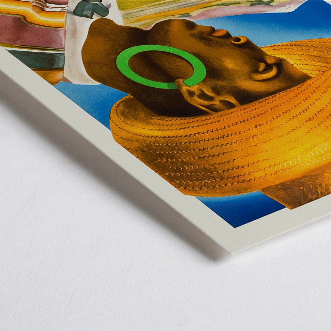 Closeup detail of Cirkelkaffe by J Olsens poster featuring a person in a large hat with green earrings and a scenic landscape agricultural background