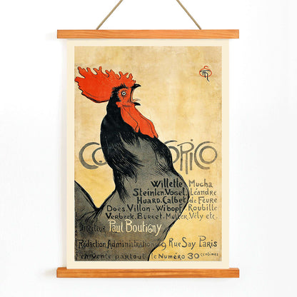 Black rooster with red comb and text promoting Cocorico by Theophile Alexandre Steinlen on yellow background illustration poster, with wooden magnetic frame on white background