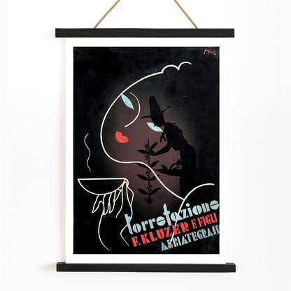 Abstract coffee-themed artwork and poster by Carlo Piquillo Pandolfi featuring stylized figures bold text coffee cup and face Torrefazione F Kluzer E Figli Abbiategrasso, with wooden magnetic frame on white background