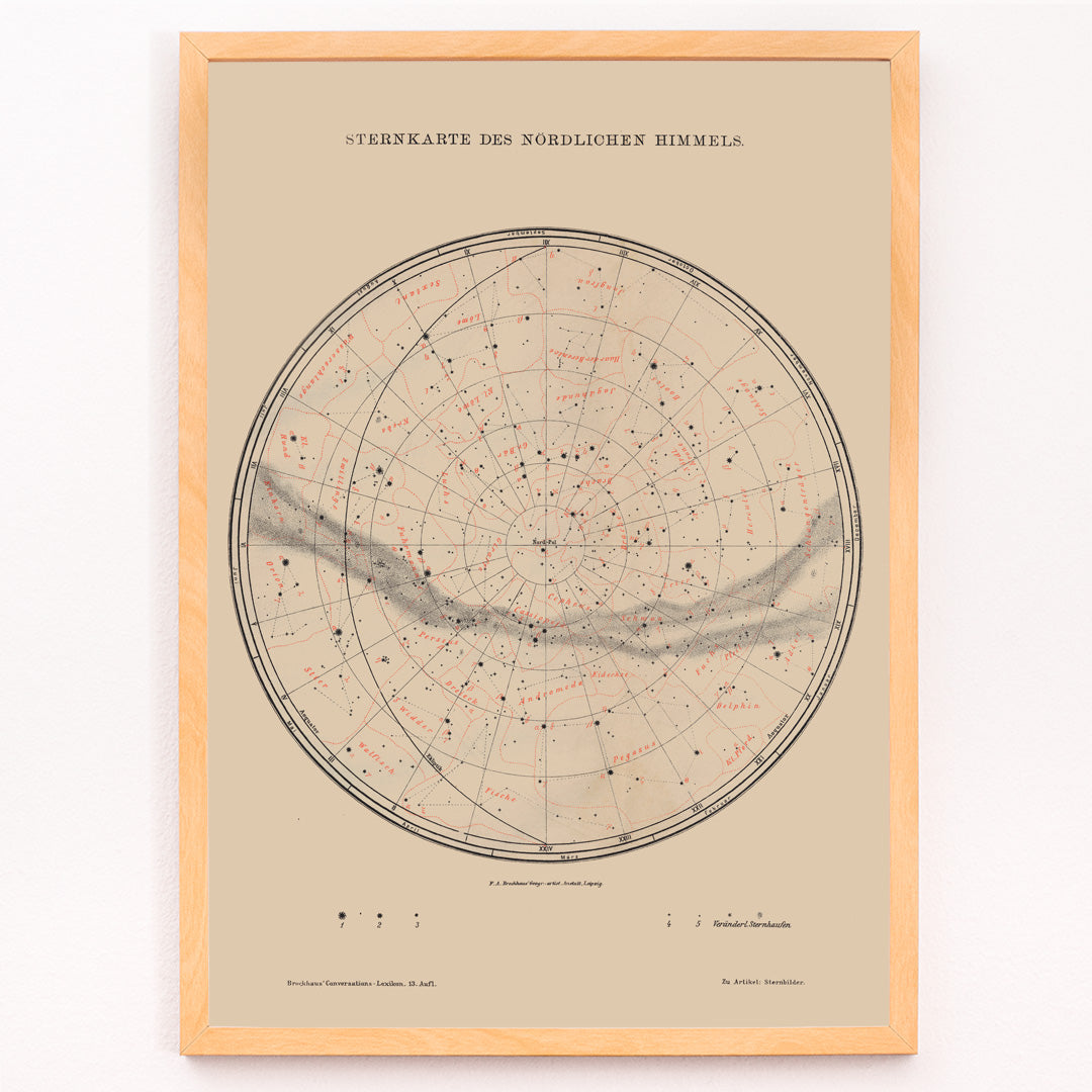Closeup detail of Vintage astronomy poster featuring a detailed map of northern sky stars titled Nothern Sky Star Poster by The Institute of Liepzig perfect for wall decor
