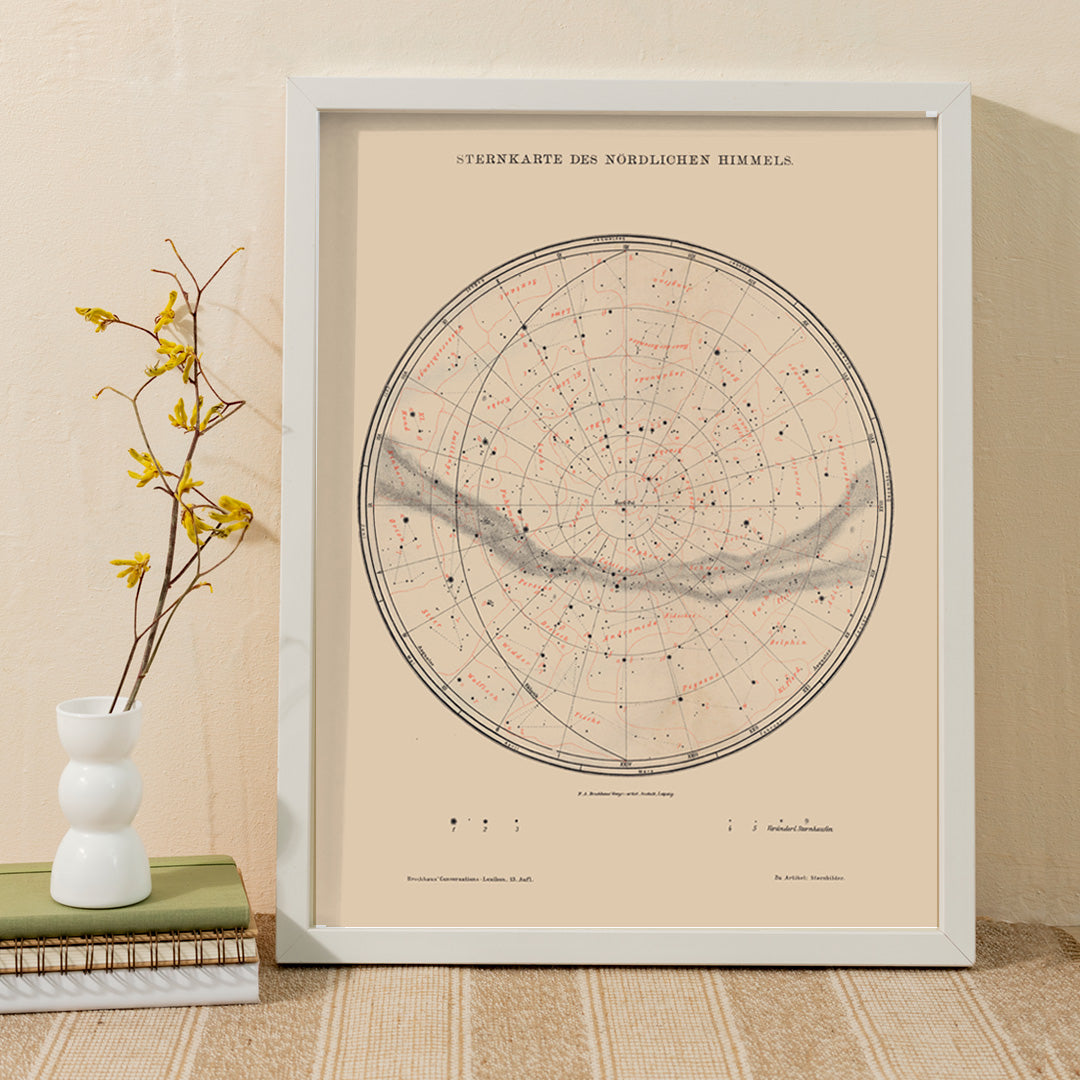 Vintage astronomy poster featuring a detailed map of northern sky stars titled Nothern Sky Star Poster by The Institute of Liepzig perfect for wall decor, framed and displayed in home decor