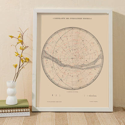 Vintage astronomy poster featuring a detailed map of northern sky stars titled Nothern Sky Star Poster by The Institute of Liepzig perfect for wall decor, framed and displayed in home decor