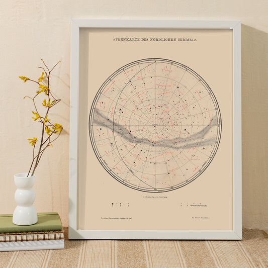 Vintage astronomy poster featuring a detailed map of northern sky stars titled Nothern Sky Star Poster by The Institute of Liepzig perfect for wall decor, framed and displayed in home decor
