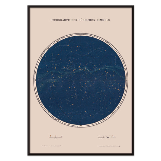Carte des constellations star map and detailed constellation poster by The Institute of Liepzig southern sky artwork, with black aluminium frame on white background