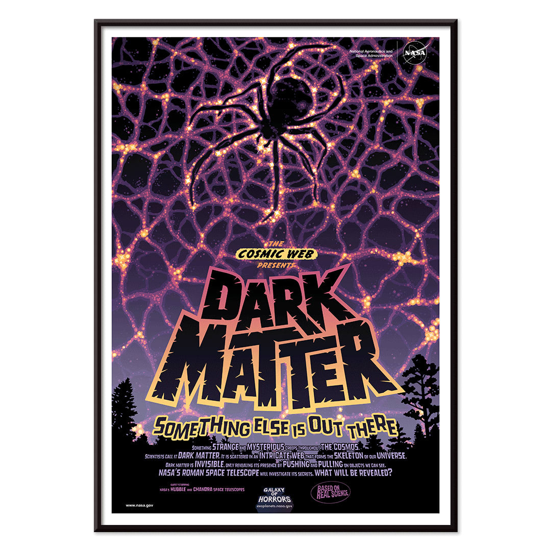 NASA Dark Matter poster featuring a cosmic web and spider silhouette with vibrant colors and text reading Dark Matter Something Else is Out There, with black aluminium frame on white background