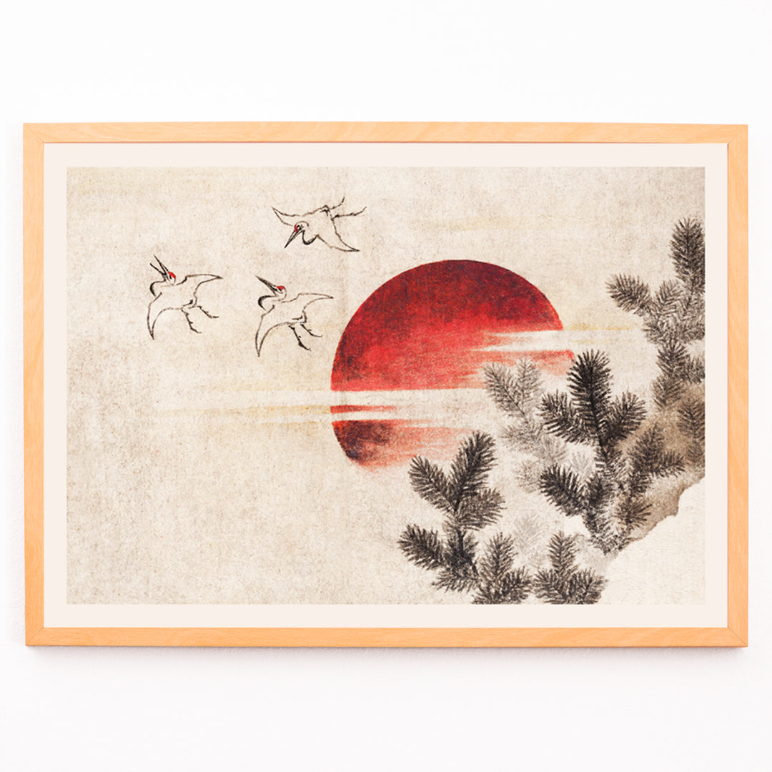 Closeup detail of Cranes and birds flying near a red sun with pine branches inspired by Birds and Sunset by Katsushika Hokusai Japanese art poster