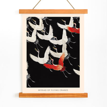 Furisode with a Myriad of Flying Cranes traditional Japanese artwork poster featuring elegant white and red cranes in flight on a black background, with wooden magnetic frame on white background