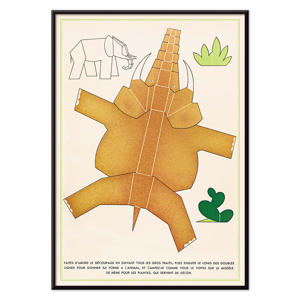 Collage and poster of geometric cutout animals and plants by Turenne Chevallereau La Jungle chez moi Pl 02, with black aluminium frame on white background