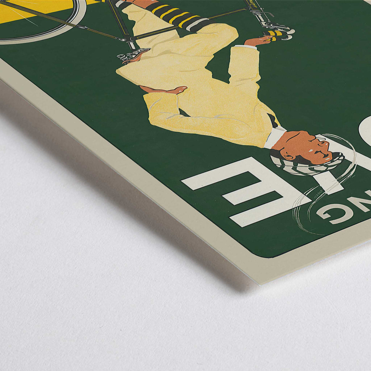 Closeup detail of Achtung Moeve poster by J. and Co. Aberle featuring a cream cyclist on a vintage bicycle against a green and yellow cycling scene