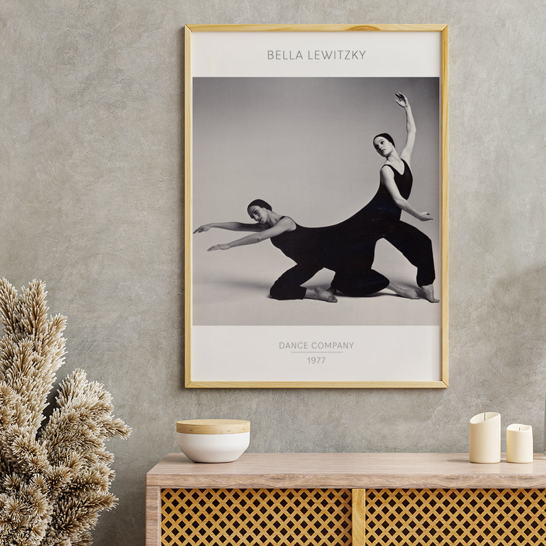 Modern dancers performing expressive pose Bella Lewitzky Dance Company artwork poster Los Angeles, framed and displayed in home decor