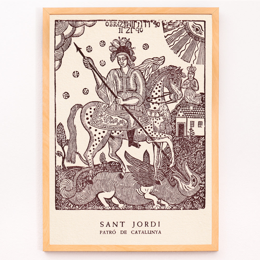 Closeup detail of Sant Jordi slaying a dragon on horseback medieval artwork and poster knight with spear Patro de Catalunya