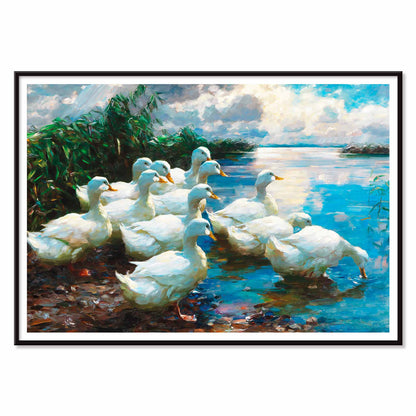 White ducks by a lake with greenery and blue sky artwork inspired by Alexander Koester, with black aluminium frame on white background