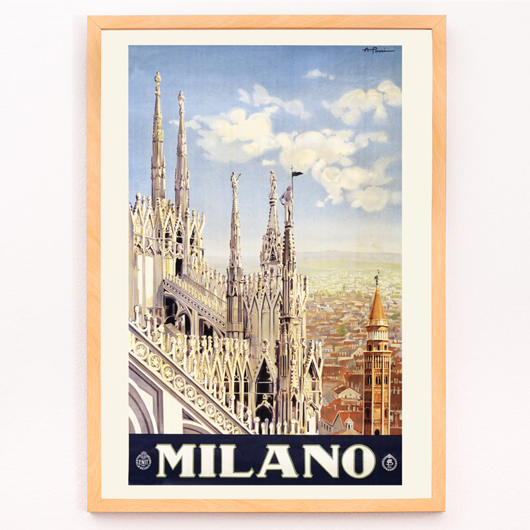 Closeup detail of Milano cityscape and Duomo di Milano skyline illustrated by Allessandro Pomi in classic style artwork poster