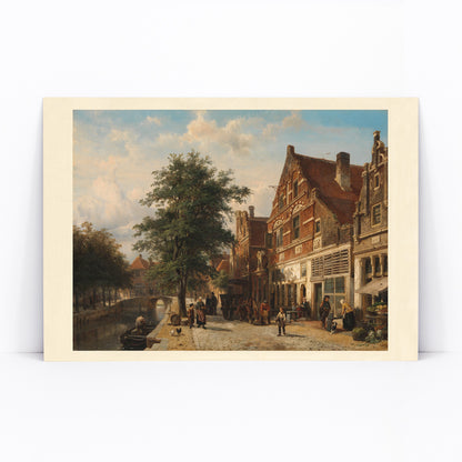 Town View by Cornelis Springer Dutch canal street scene with people horse cart trees and cityscape poster ideal for wall decor, framed and displayed in modern living room decor