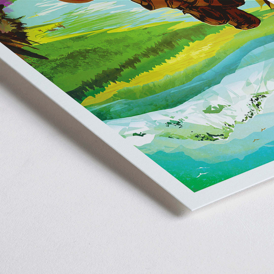 Closeup detail of Two people in spacesuits admire a lush green landscape with mountains and a lake Earth Your Oasis in Space by NASA poster artwork