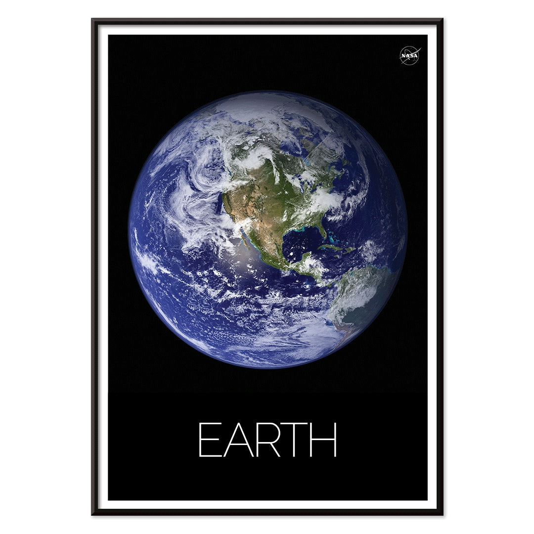 Stunning NASA image of Earth from space titled Earth from Space 1 on a black background poster, with black aluminium frame on white background