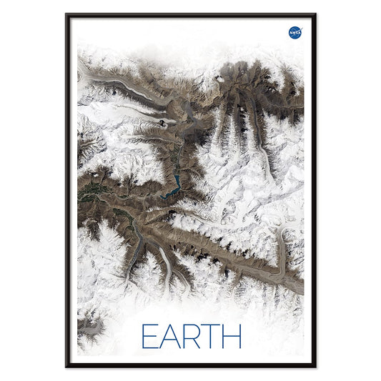 Stunning NASA satellite image of Earth showing snowy mountain ranges and rugged terrain high resolution poster, with black aluminium frame on white background