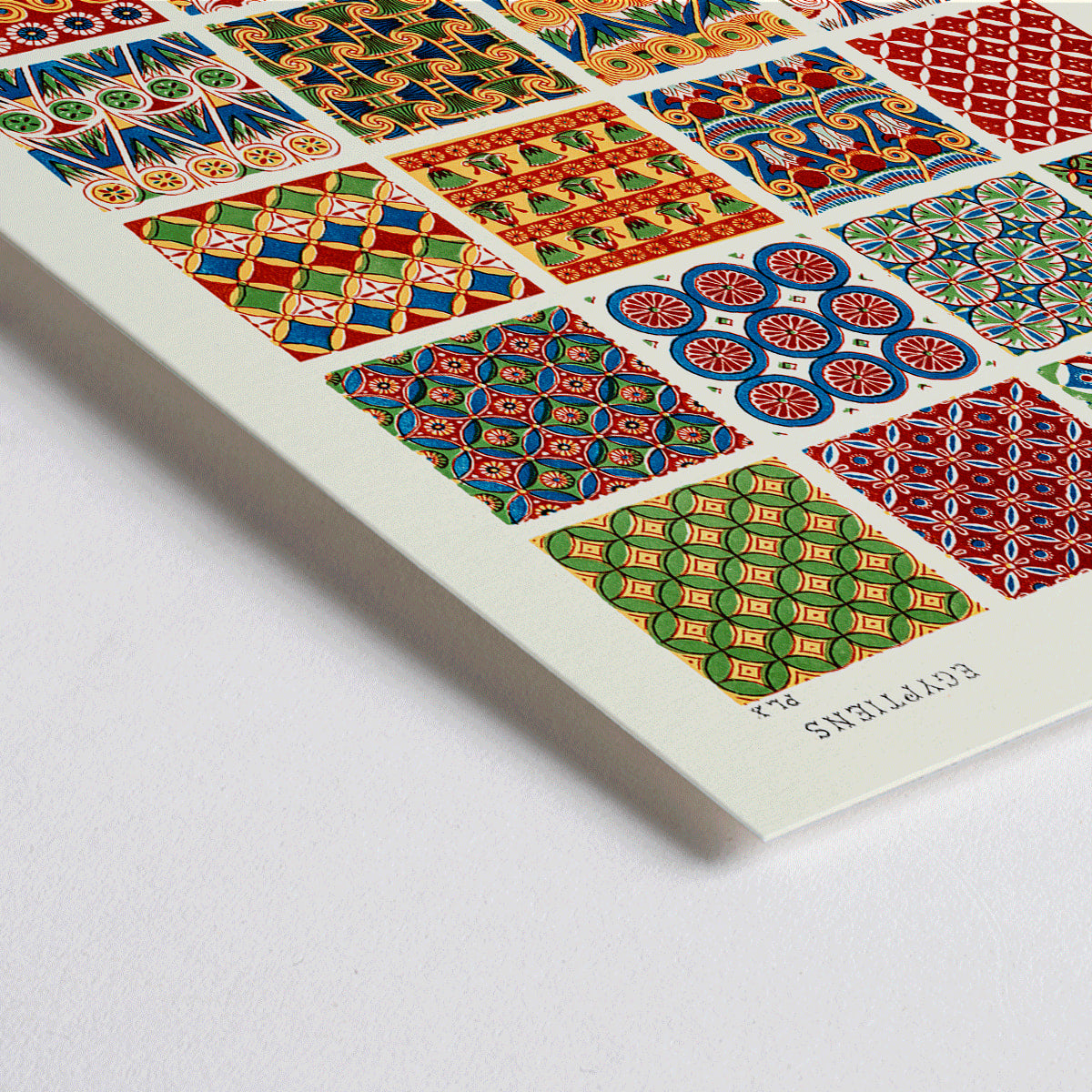 Closeup detail of Colorful Egyptian geometric patterns artwork Egyptian 7 by Owen Jones from Century Grammar of Ornament book vibrant poster design