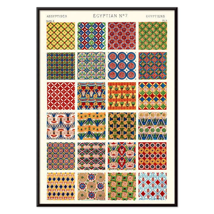 Colorful Egyptian geometric patterns artwork Egyptian 7 by Owen Jones from Century Grammar of Ornament book vibrant poster design, with black aluminium frame on white background