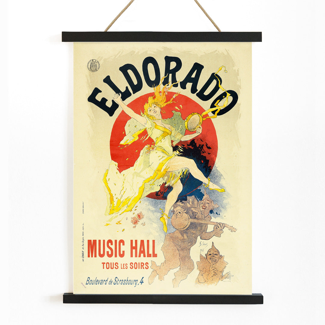 Colorful cabaret poster of Eldorado Music Hall by Jules Cheret showing a lively dancing woman in yellow with musicians and bold colorful graphics, with wooden magnetic frame on white background