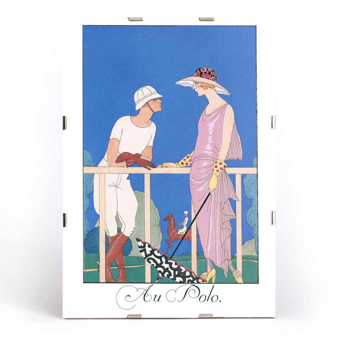 Elegant couple and elegantly dressed man and woman at a polo match fashion illustration and artwork Au Polo by George Barbier, framed and displayed in modern living room decor