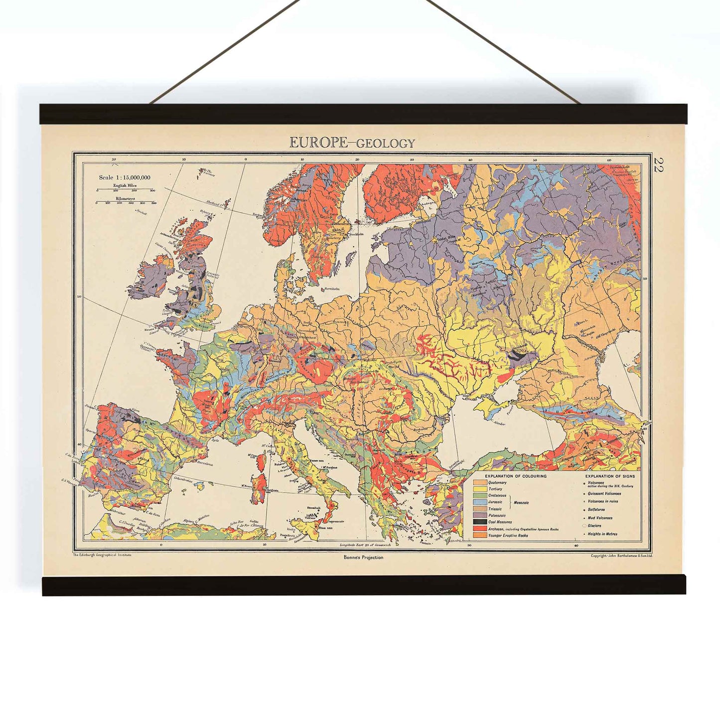 John George Bartholomew Europe geology map poster with colorful geological regions in vintage scientific style, with wooden magnetic frame on white background