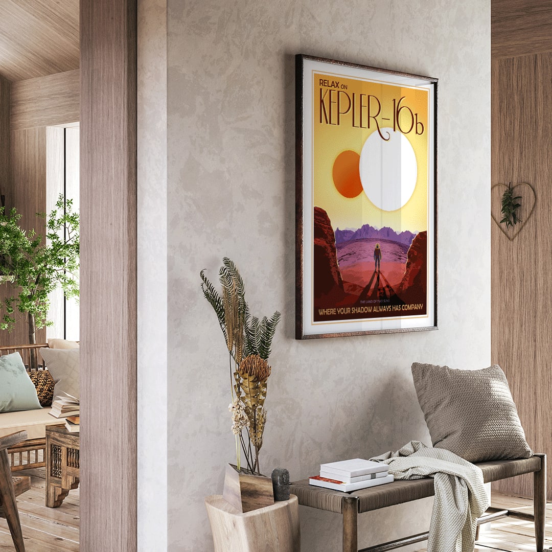 Astronaut on rocky alien landscape with twin suns in the sky Relax on Kepler-16b NASA space poster, framed and displayed in home decor