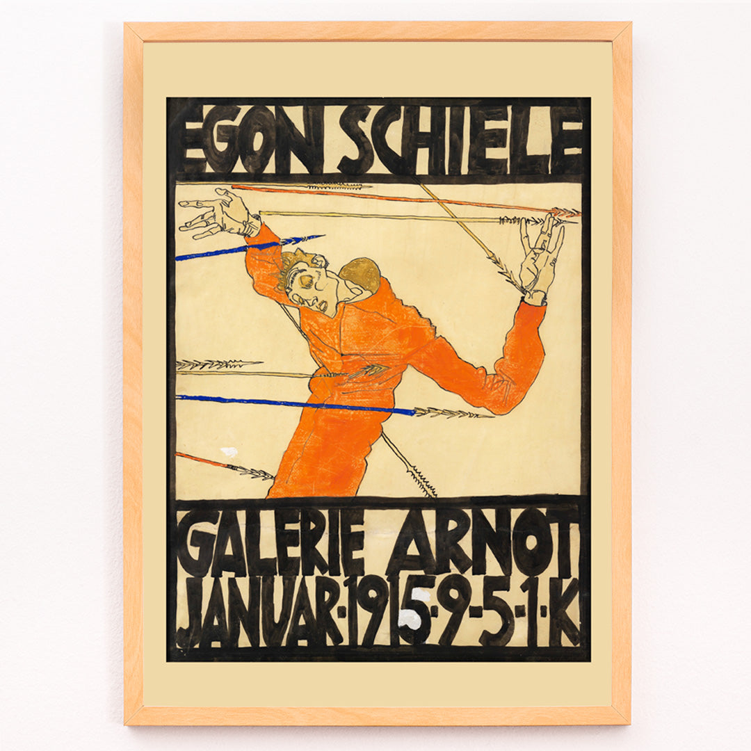 Closeup detail of Expressionist poster by Egon Schiele featuring a contorted orange figure with bold black text Schiele-Ausstellung in der Galerie Arnot