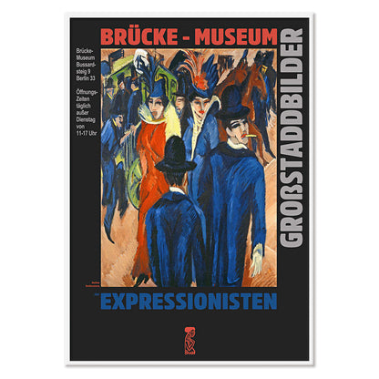 Colorful Berlin Street Scene at Brücke Museum by Ernst Kirchner featuring people in vibrant attire and expressionist artwork poster, with black aluminium frame on white background