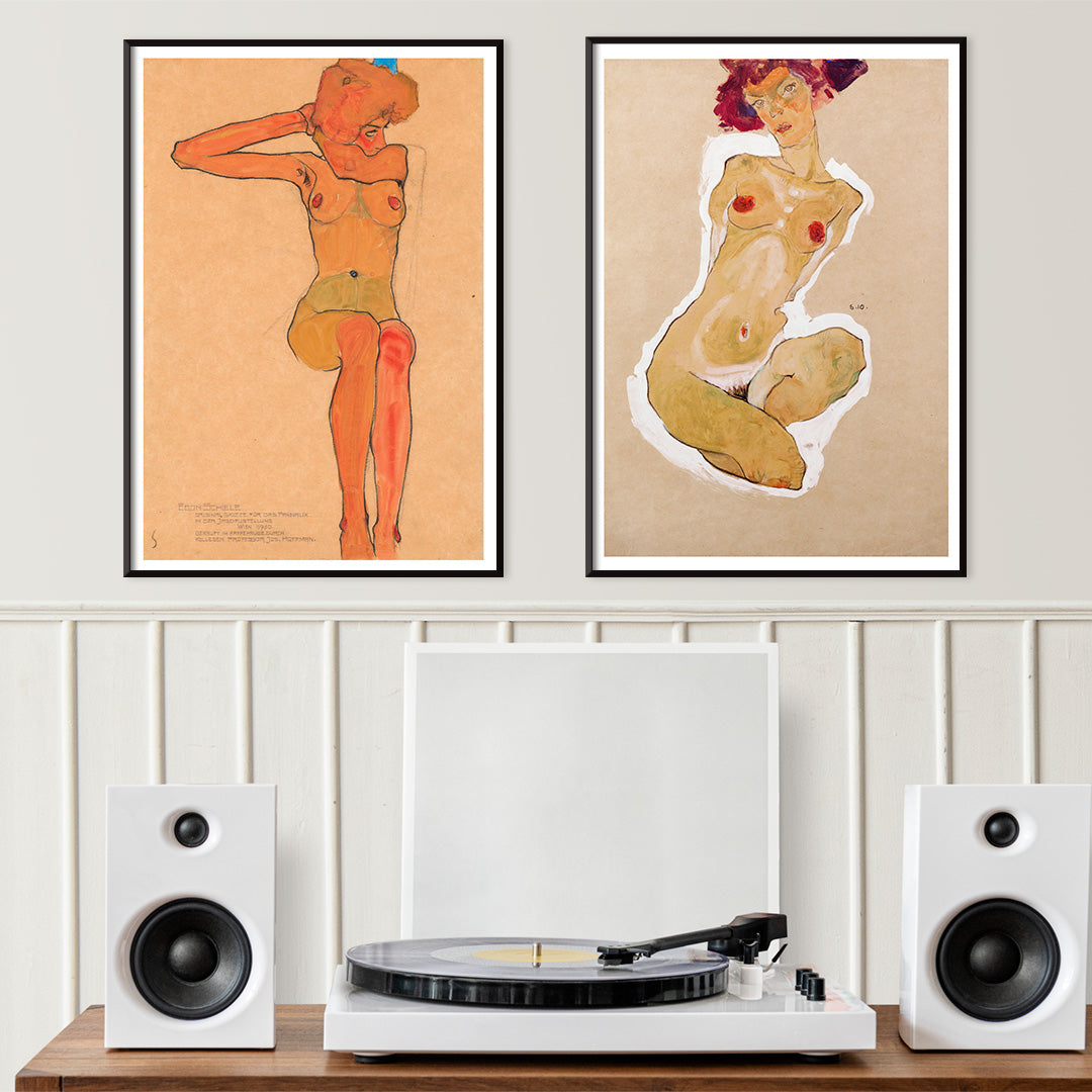 Seated female nude in expressive style Mädchenakt Gertrude by Egon Schiele poster featuring a nude figure in a seated pose with expressive lines and color, framed and displayed in home decor