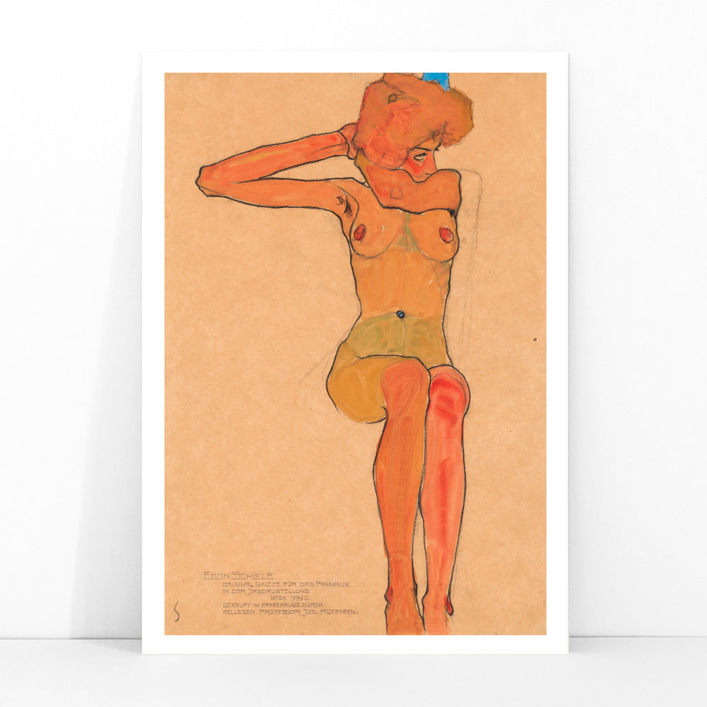 Seated female nude in expressive style Mädchenakt Gertrude by Egon Schiele poster featuring a nude figure in a seated pose with expressive lines and color, framed and displayed in modern living room decor