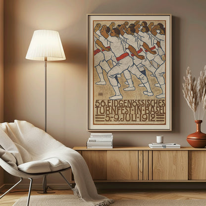 Federal Gymnastics Festival in Basel by Eduard Renggli showing male athletes in white uniforms with red sashes performing synchronized movements in formation, framed and displayed in home decor