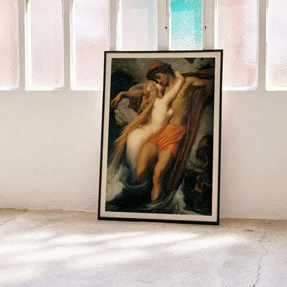 The Fisherman And The Syren by Frederic Leighton poster showing a fisherman embraced by a mermaid in a mythological scene, framed and displayed in modern living room decor