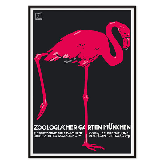 Ludwig Hohlwein poster of a pink flamingo on dark background for Zoologischer Garten München, with black aluminium frame on white background