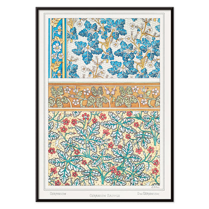 Decorative wild geranium botanical artwork and floral pattern poster by Maurice Pillard Verneuil from La Plante et ses Applications ornementales, with black aluminium frame on white background