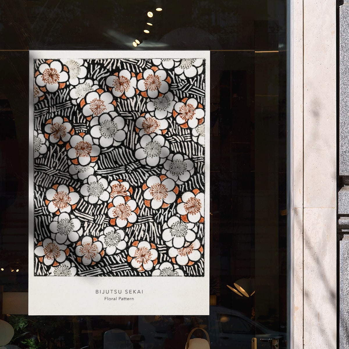 Floral pattern artwork by Watanabe Seitei from Bijutsu Sekai in traditional Kacho-ga style featuring intricate white and orange flowers and leaves poster, framed and displayed in modern living room decor