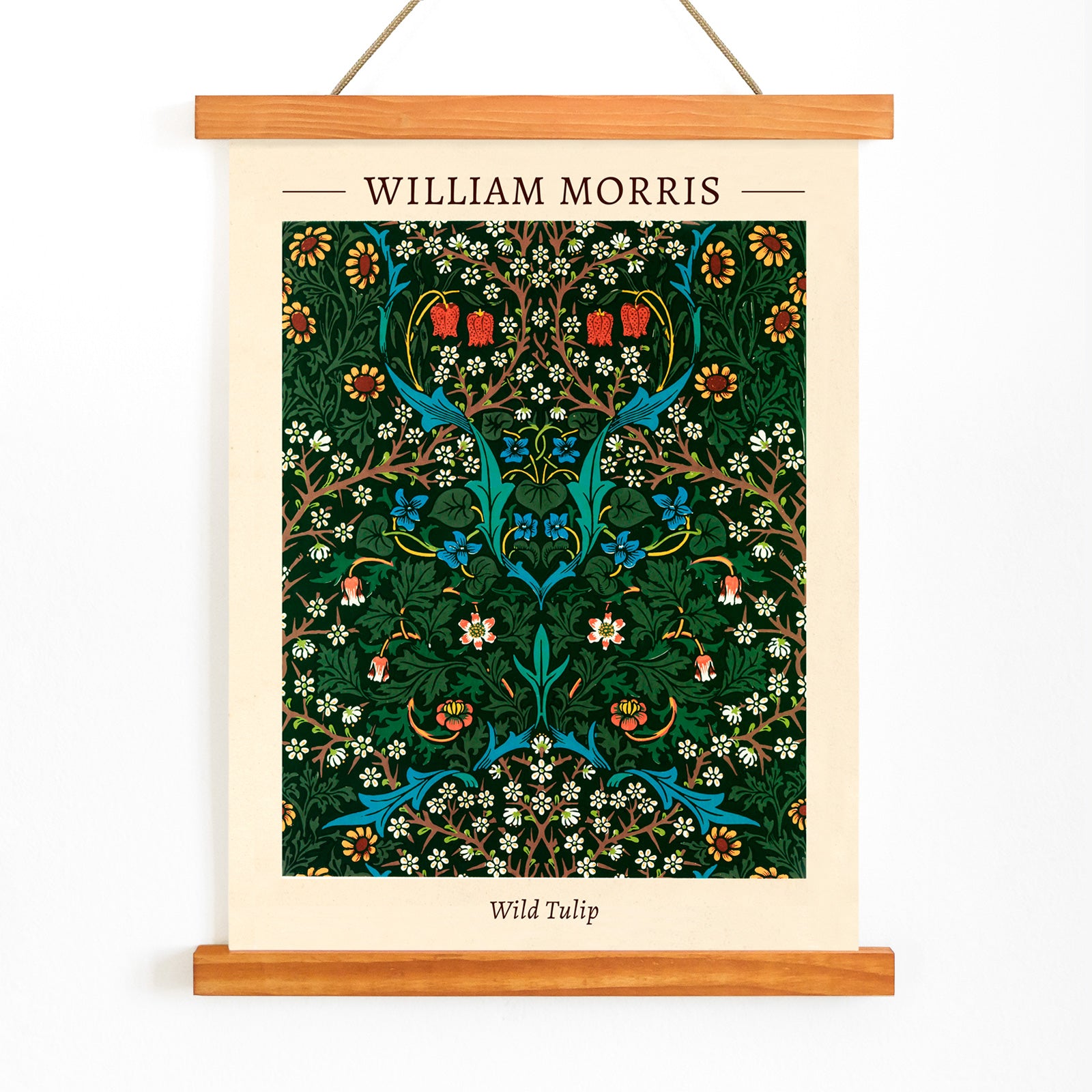 Wild Tulip floral patterned artwork poster by William Morris featuring intricate green blue and red designs for wall decor, with wooden magnetic frame on white background