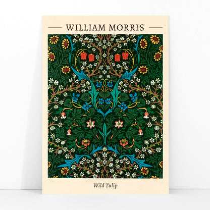 Wild Tulip floral patterned artwork poster by William Morris featuring intricate green blue and red designs for wall decor, framed and displayed in modern living room decor