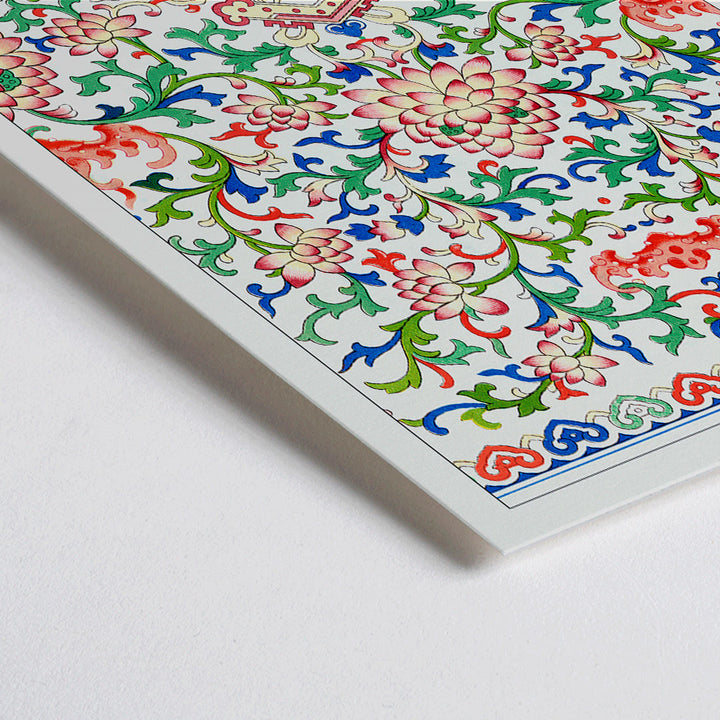 Closeup detail of Chinese botanical illustration and botanical poster by Owen Jones from Examples of Chinese Ornament featuring intricate floral patterns and vibrant colors