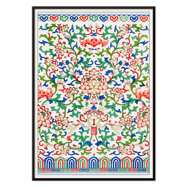 Chinese botanical illustration and botanical poster by Owen Jones from Examples of Chinese Ornament featuring intricate floral patterns and vibrant colors, with black aluminium frame on white background
