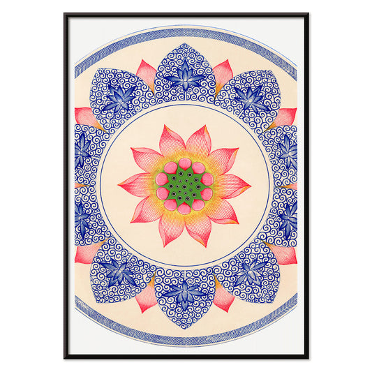 Pink floral pattern with intricate blue and red designs from Examples of Chinese Ornament by Owen Jones poster, with black aluminium frame on white background