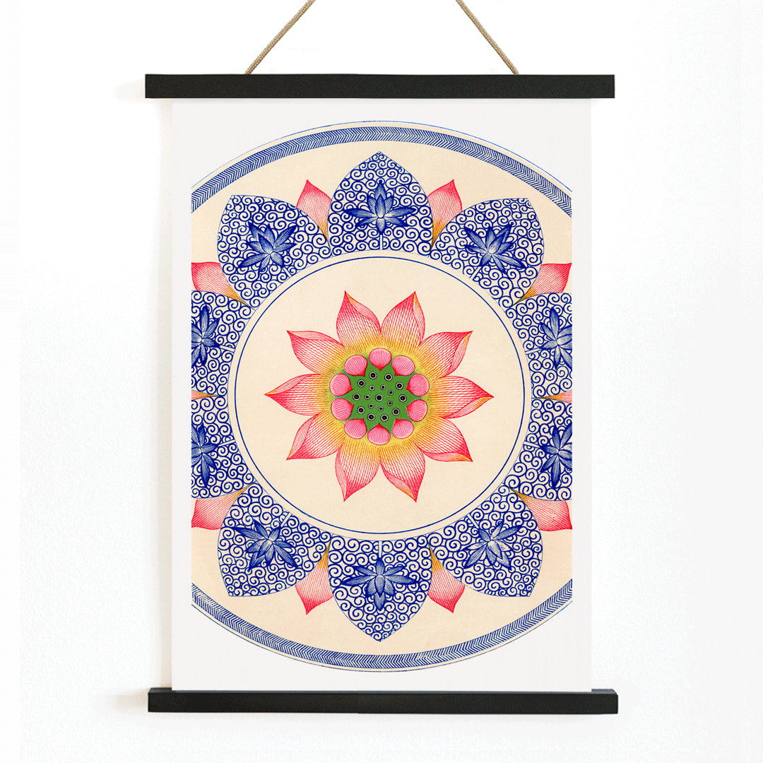 Pink floral pattern with intricate blue and red designs from Examples of Chinese Ornament by Owen Jones poster, with wooden magnetic frame on white background
